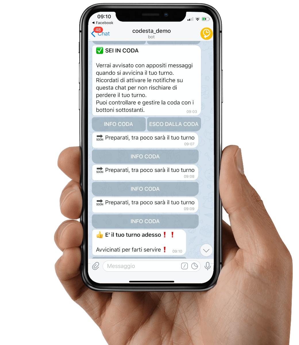 Tramite una semplice chat il cliente si mette in coda ed il sistema in modo del tutto automatico segnala la presenza al gestore. Il cliente non deve necessariamente stare in fila. In fila ma senza stare in fila